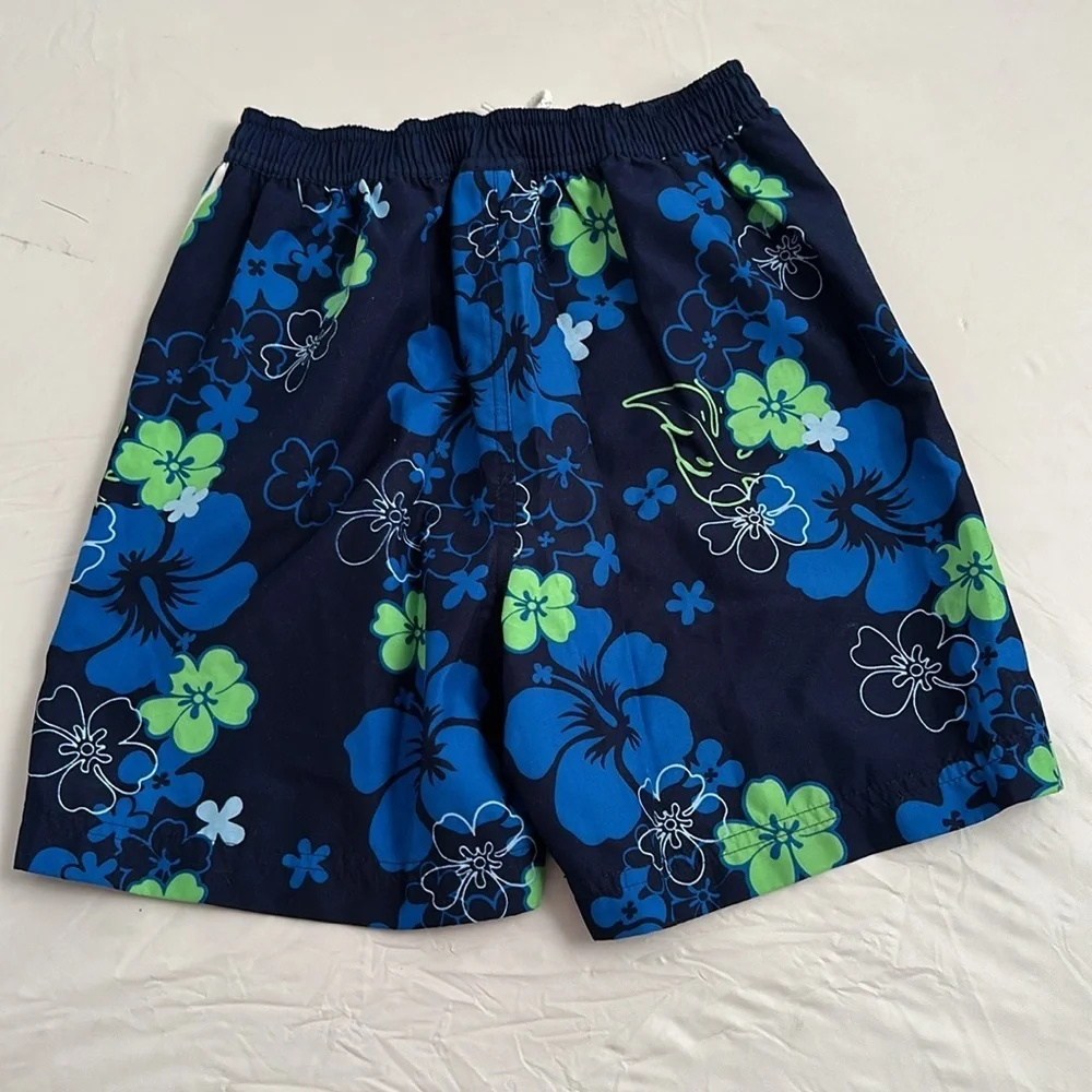 Disney blue green hibiscus print Buzz Lightyear mesh lined swim trunks M